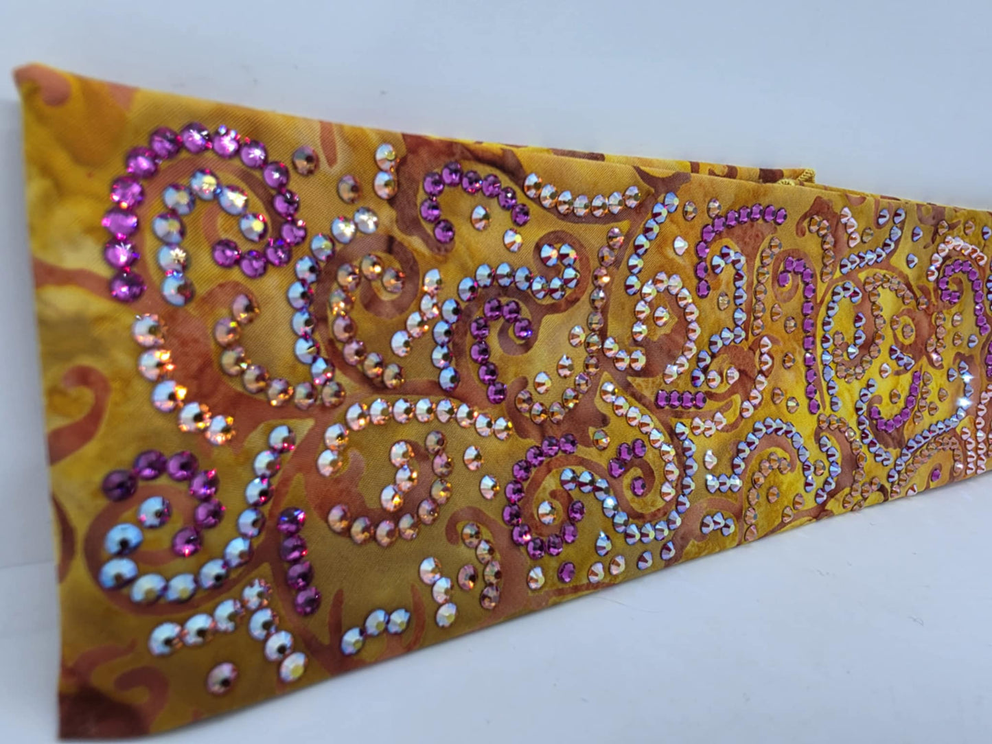 Super LeeAnnette Orange Scrolls Bandana with Lava, Fuchsia and Red Shimmer Austrian Crystals (Sku40005)