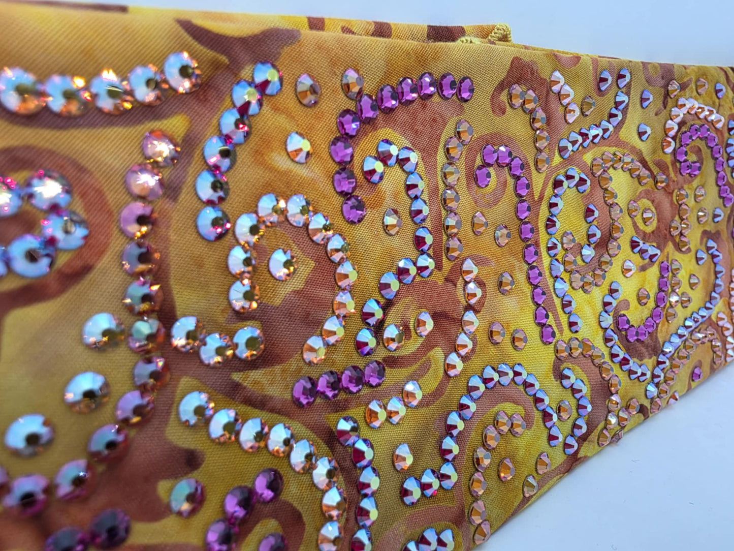 Super LeeAnnette Orange Scrolls Bandana with Lava, Fuchsia and Red Shimmer Austrian Crystals (Sku40005)