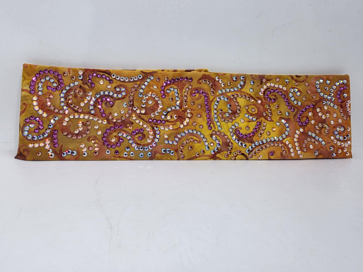 Super LeeAnnette Orange Scrolls Bandana with Lava, Fuchsia and Red Shimmer Austrian Crystals (Sku40005)