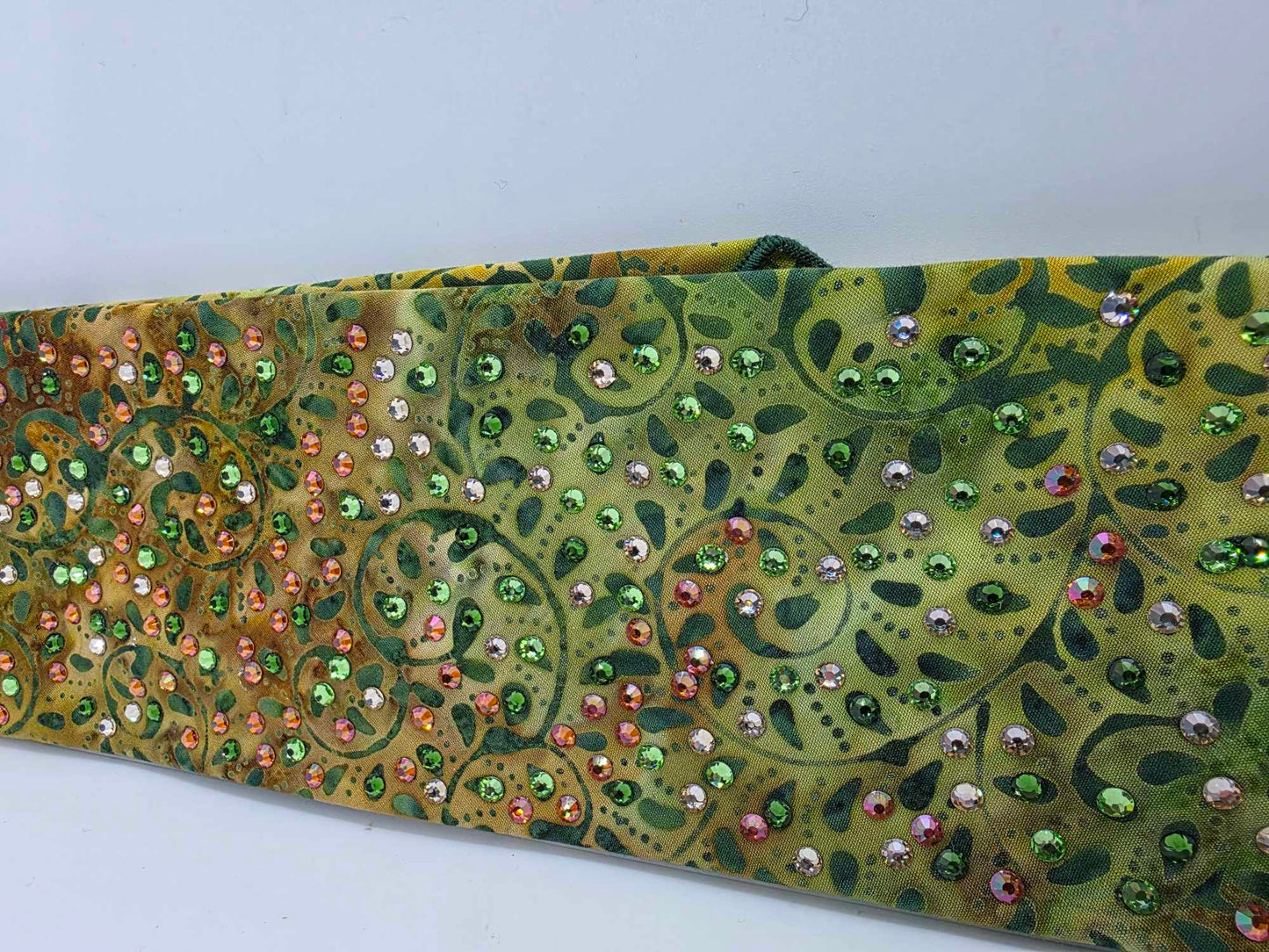 LeeAnnette Green Vines Batik Bandana with Dark Green, Light Green, Lava and Honey Austrian Crystals (sku40022)