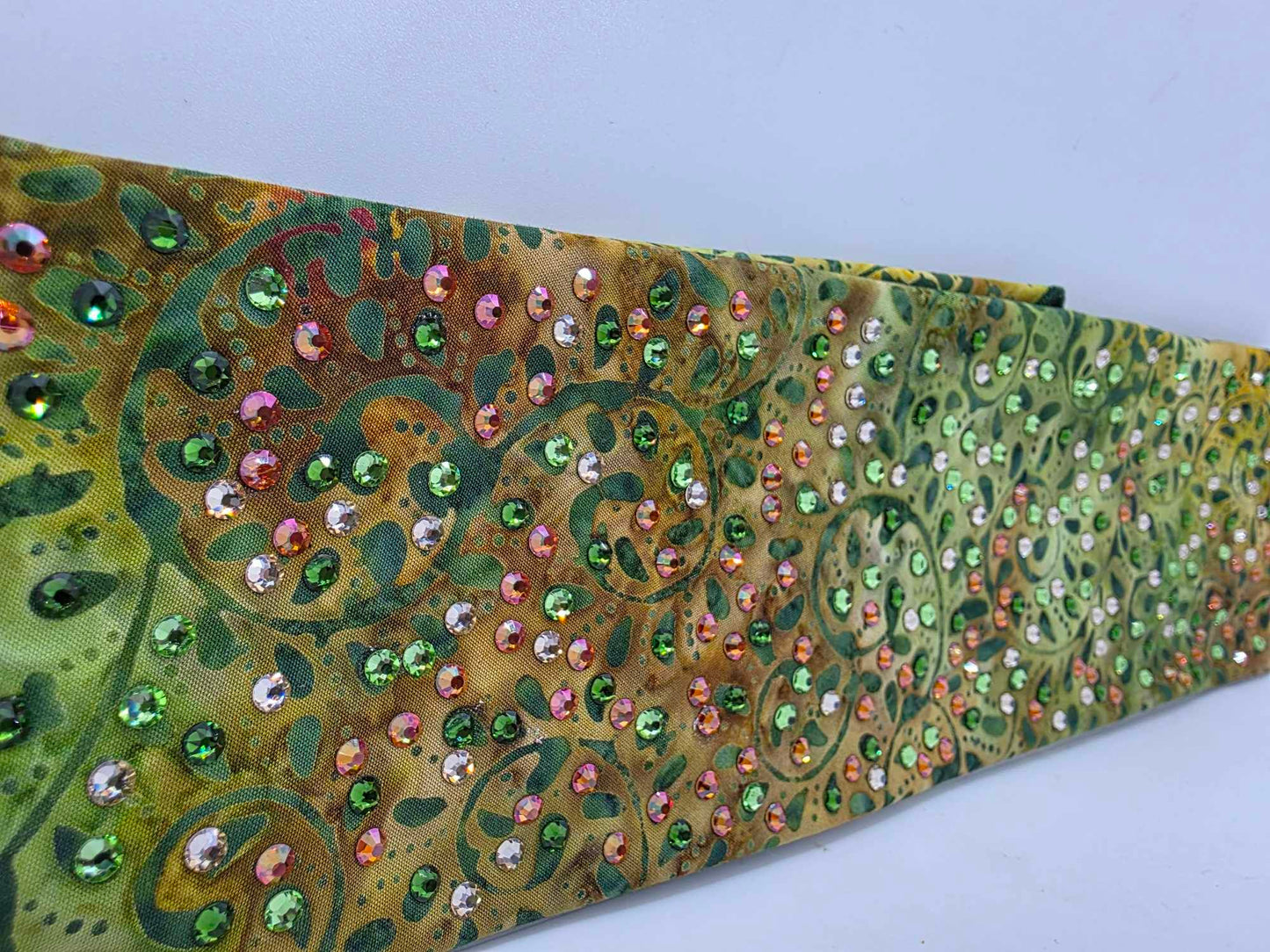 LeeAnnette Green Vines Batik Bandana with Dark Green, Light Green, Lava and Honey Austrian Crystals (sku40022)