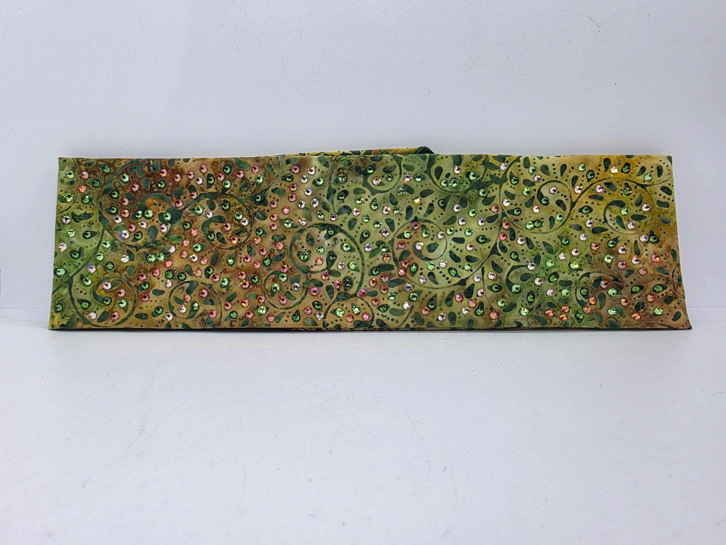 LeeAnnette Green Vines Batik Bandana with Dark Green, Light Green, Lava and Honey Austrian Crystals (sku40022)