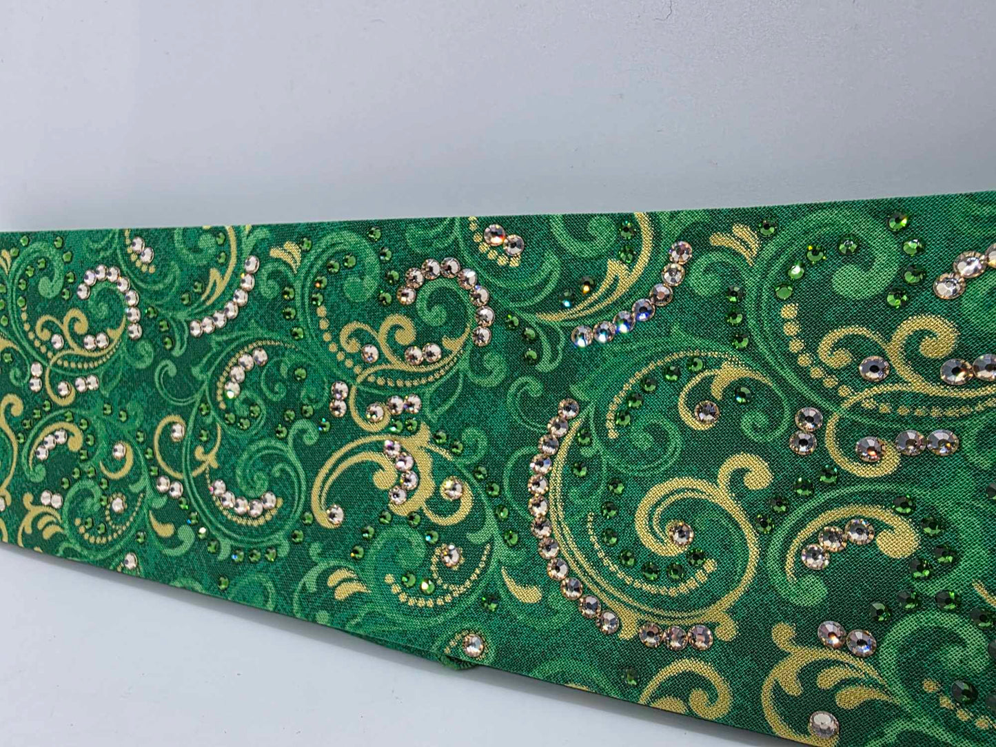 LeeAnnette Green and Gold Scrolls Bandana with Dark Green and Honey Austrian Crystals (sku40024)