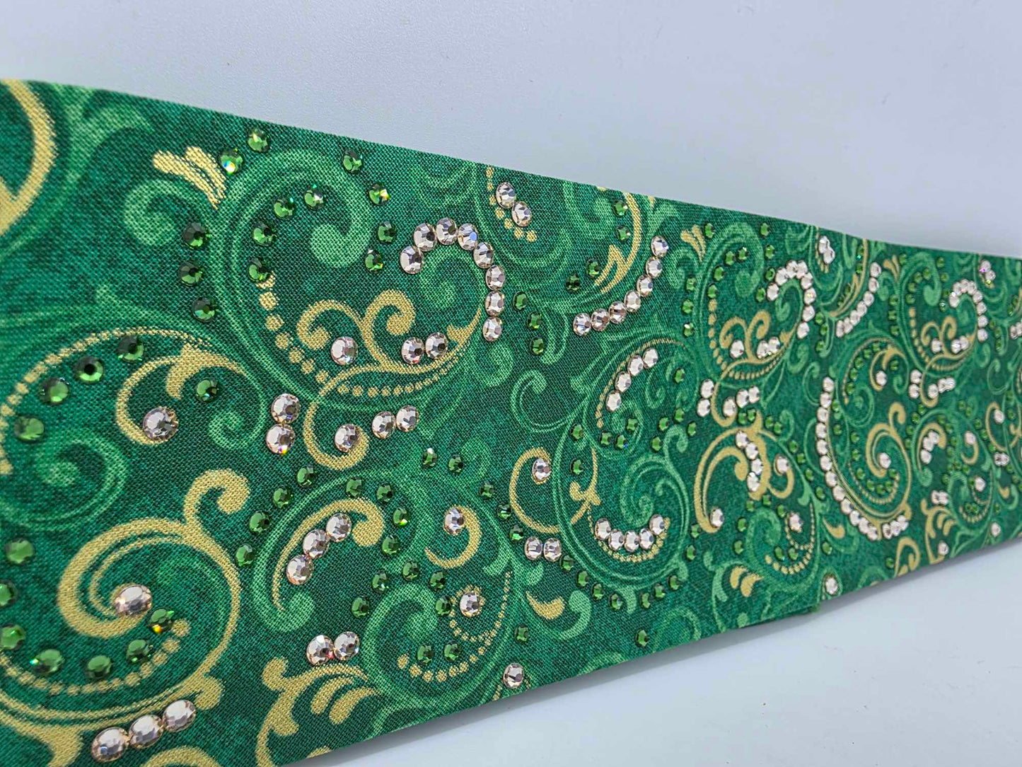 LeeAnnette Green and Gold Scrolls Bandana with Dark Green and Honey Austrian Crystals (sku40024)