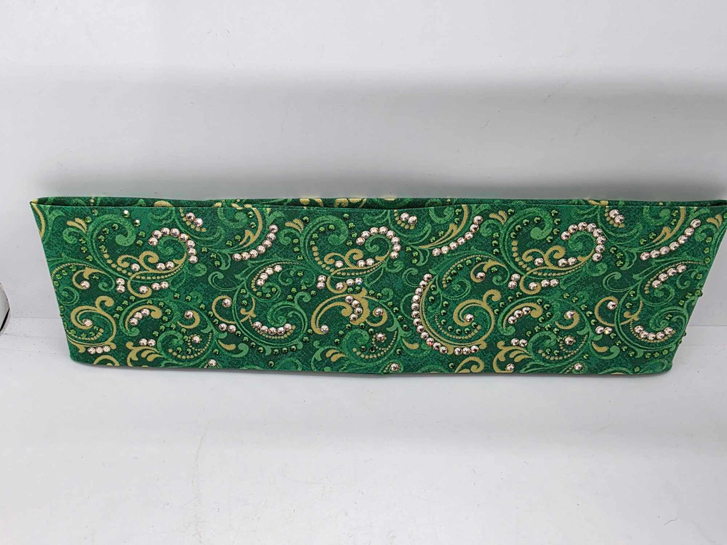 LeeAnnette Green and Gold Scrolls Bandana with Dark Green and Honey Austrian Crystals (sku40024)