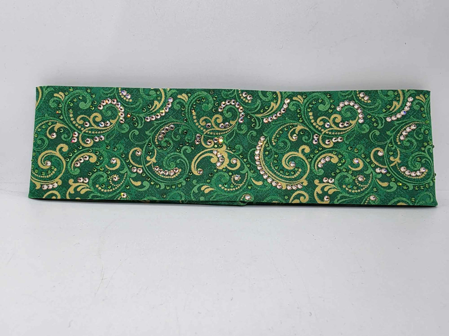 LeeAnnette Green and Gold Scrolls Bandana with Dark Green and Honey Austrian Crystals (sku40024)