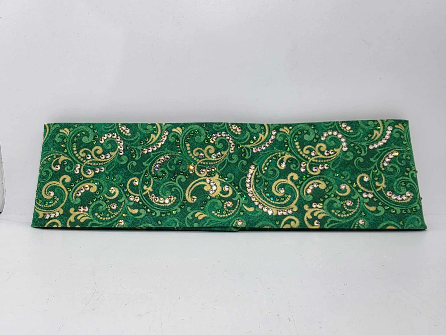 LeeAnnette Green and Gold Scrolls Bandana with Dark Green and Honey Austrian Crystals (sku40024)