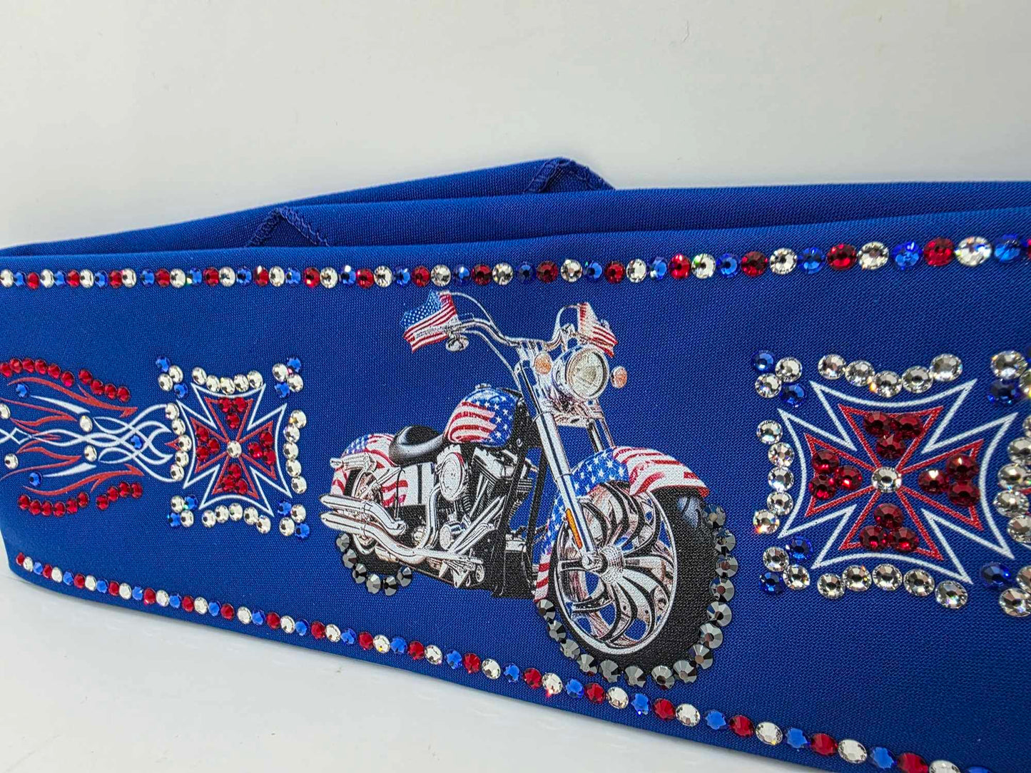 LeeAnnette Motorcycle on Blue Bandana with Red, Blue and Diamond Clear Austrian Crystals (sku40025)