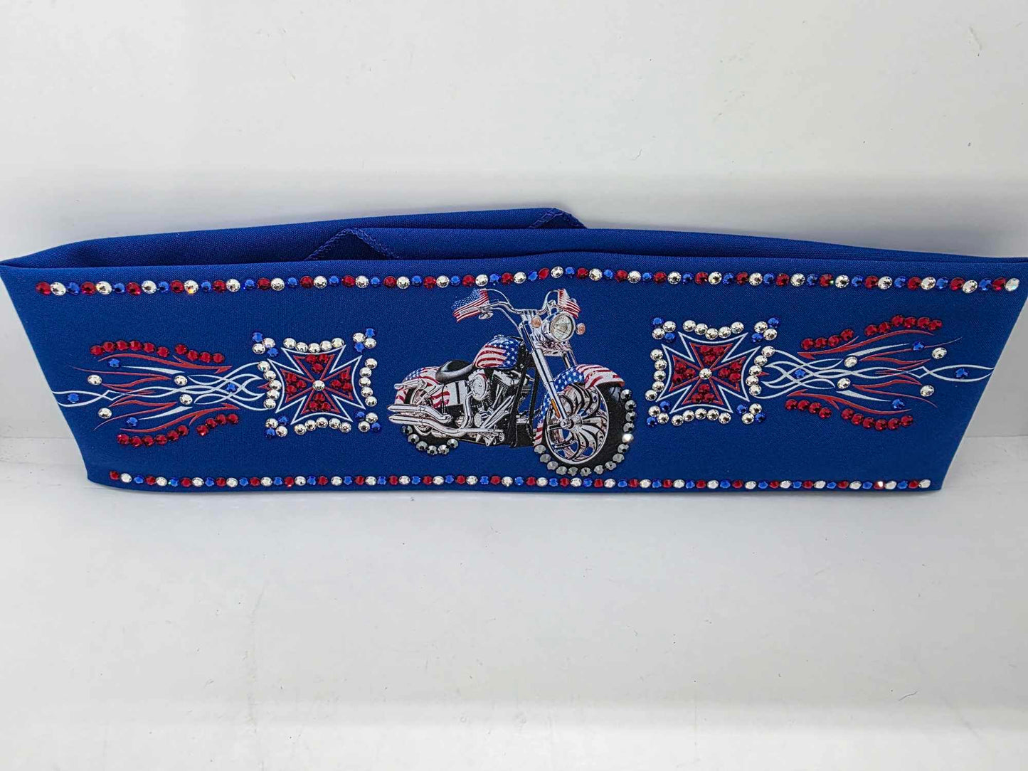 LeeAnnette Motorcycle on Blue Bandana with Red, Blue and Diamond Clear Austrian Crystals (sku40025)