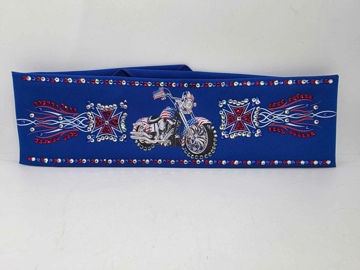 LeeAnnette Motorcycle on Blue Bandana with Red, Blue and Diamond Clear Austrian Crystals (sku40025)