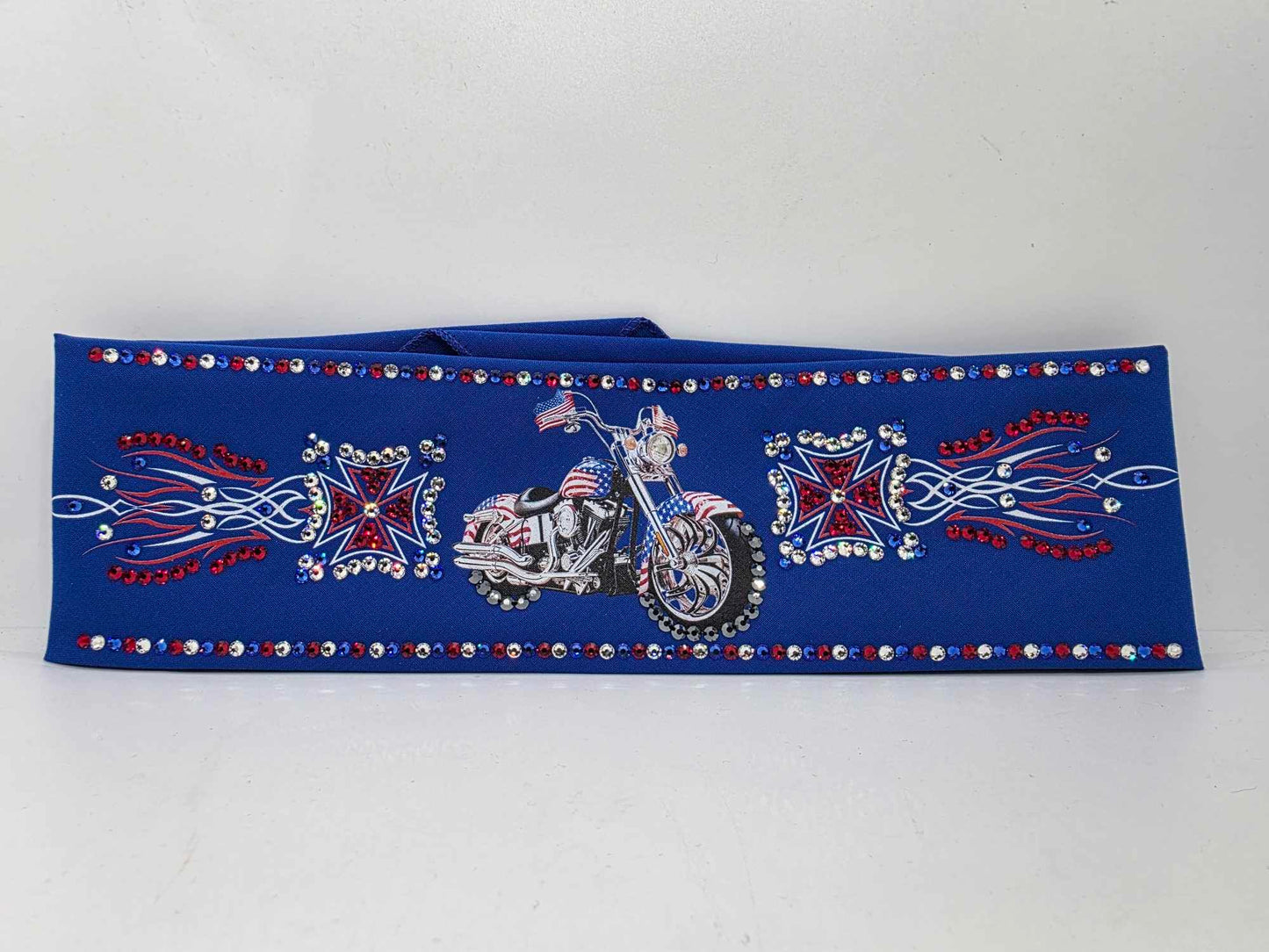 LeeAnnette Motorcycle on Blue Bandana with Red, Blue and Diamond Clear Austrian Crystals (sku40025)