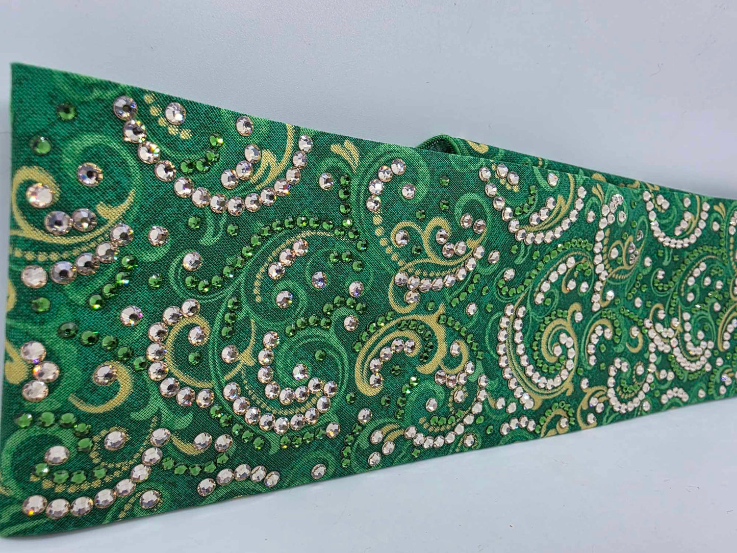 Super LeeAnnette Green and Gold Scroll Bandana with Dark Green and Honey Austrian Crystals (sku40030)