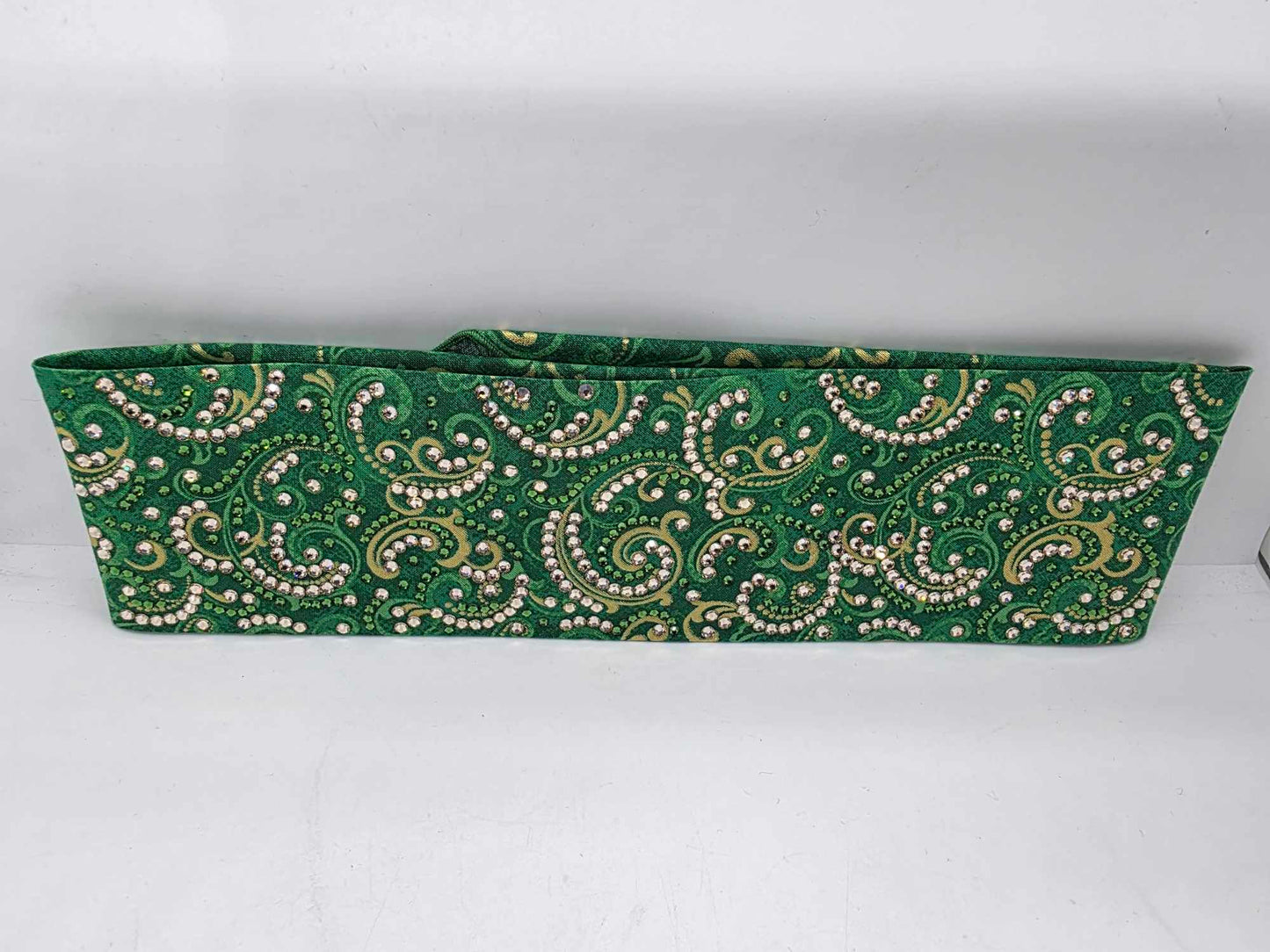 Super LeeAnnette Green and Gold Scroll Bandana with Dark Green and Honey Austrian Crystals (sku40030)