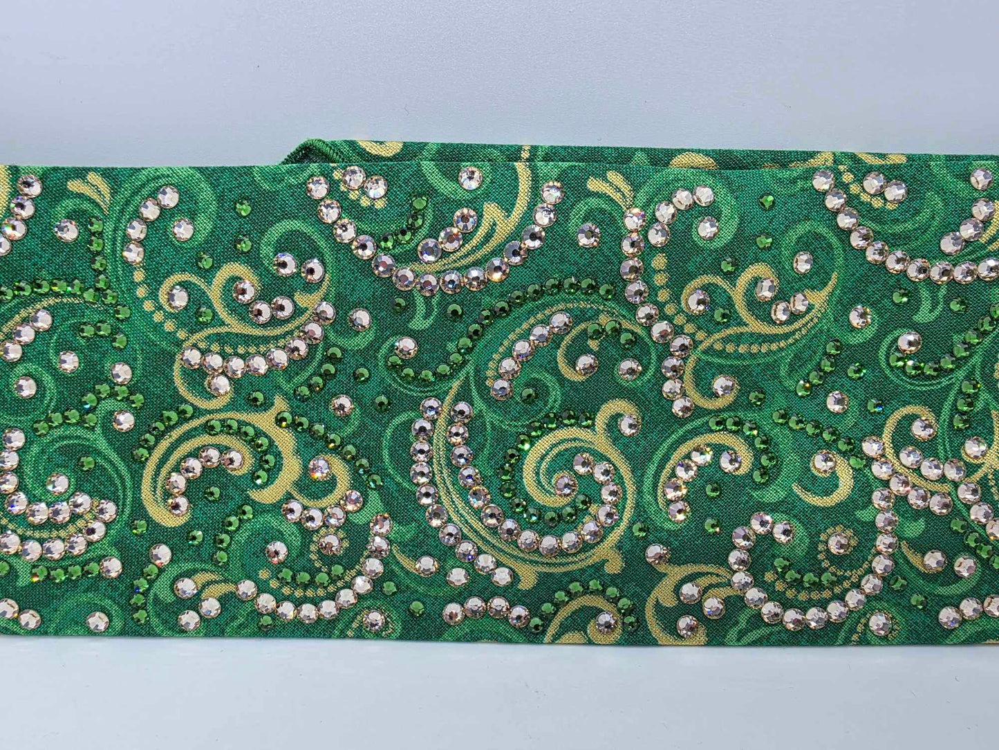 Super LeeAnnette Green and Gold Scroll Bandana with Dark Green and Honey Austrian Crystals (sku40030)