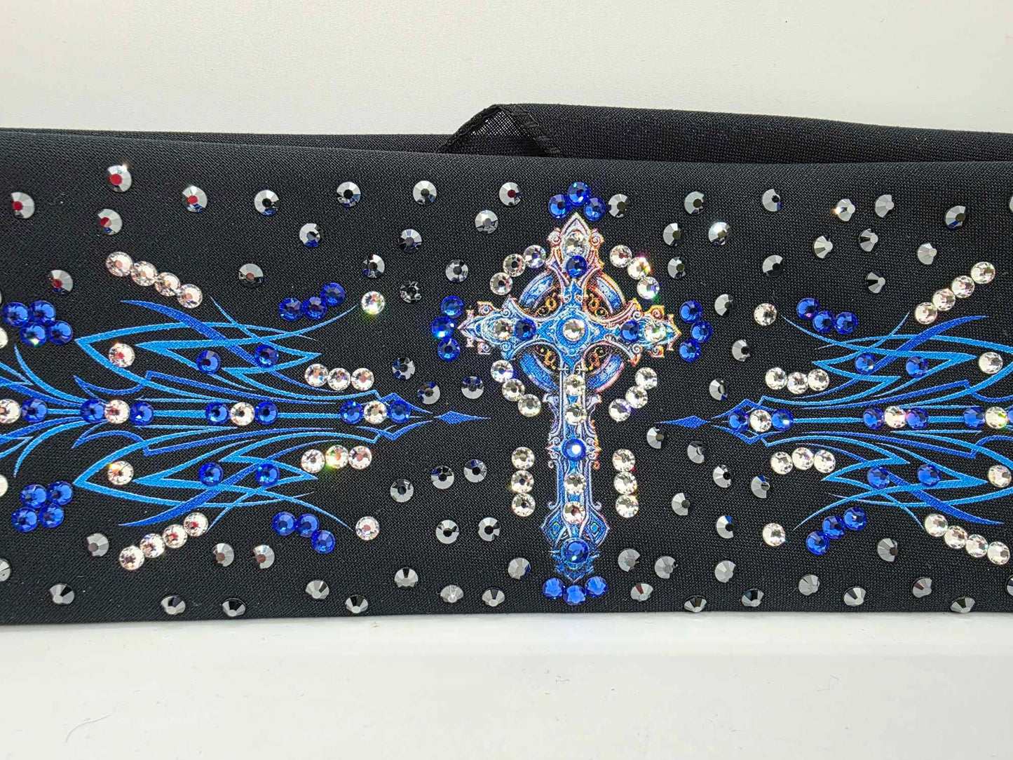 LeeAnnette Blue Cross and Pinstripes Bandana with Black, Blue and Diamond Clear Austrian Crystals (sku40035)