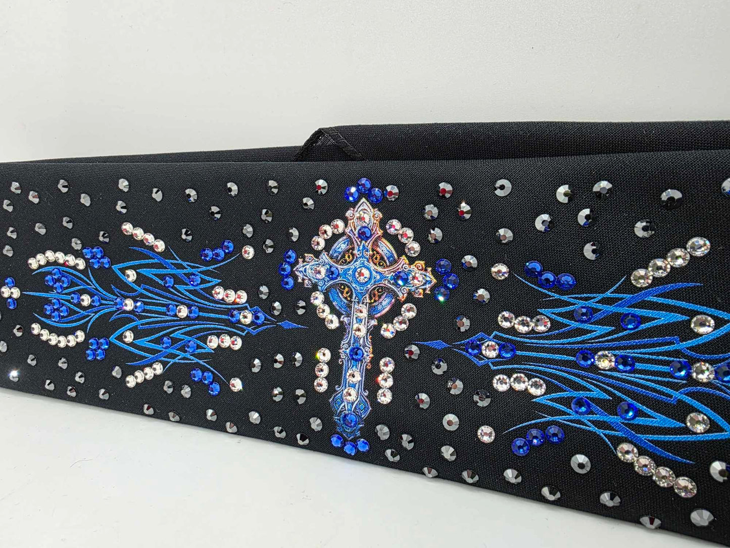 LeeAnnette Blue Cross and Pinstripes Bandana with Black, Blue and Diamond Clear Austrian Crystals (sku40035)