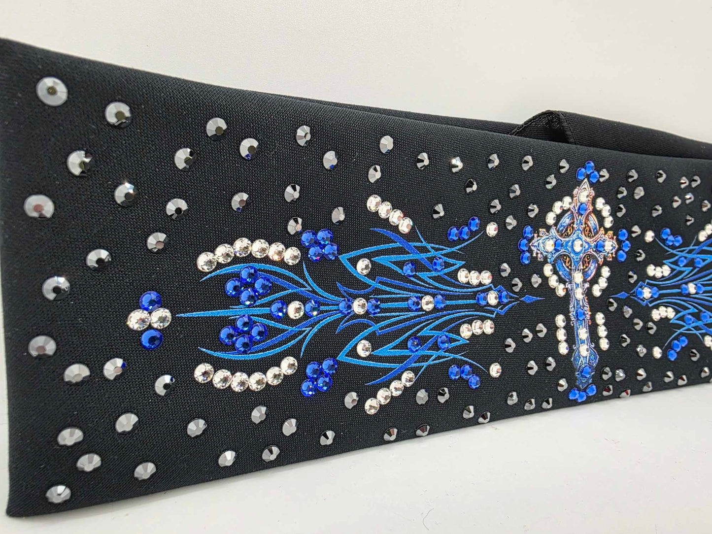 LeeAnnette Blue Cross and Pinstripes Bandana with Black, Blue and Diamond Clear Austrian Crystals (sku40035)