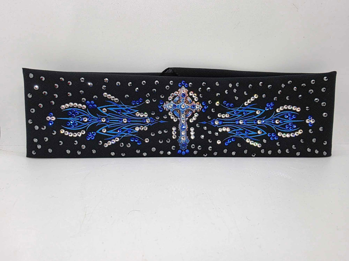 LeeAnnette Blue Cross and Pinstripes Bandana with Black, Blue and Diamond Clear Austrian Crystals (sku40035)