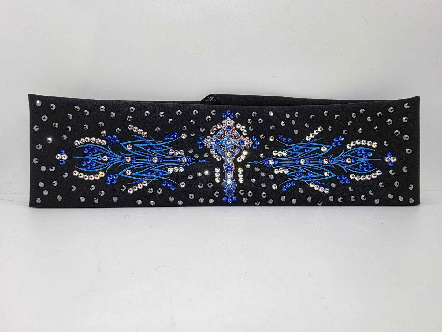 LeeAnnette Blue Cross and Pinstripes Bandana with Black, Blue and Diamond Clear Austrian Crystals (sku40035)