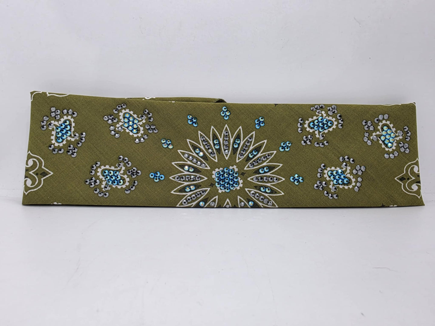 LeeAnnette Olive Green Paisley Bandana with Jet Shimmer and Black Austrian Crystals (sku40057)