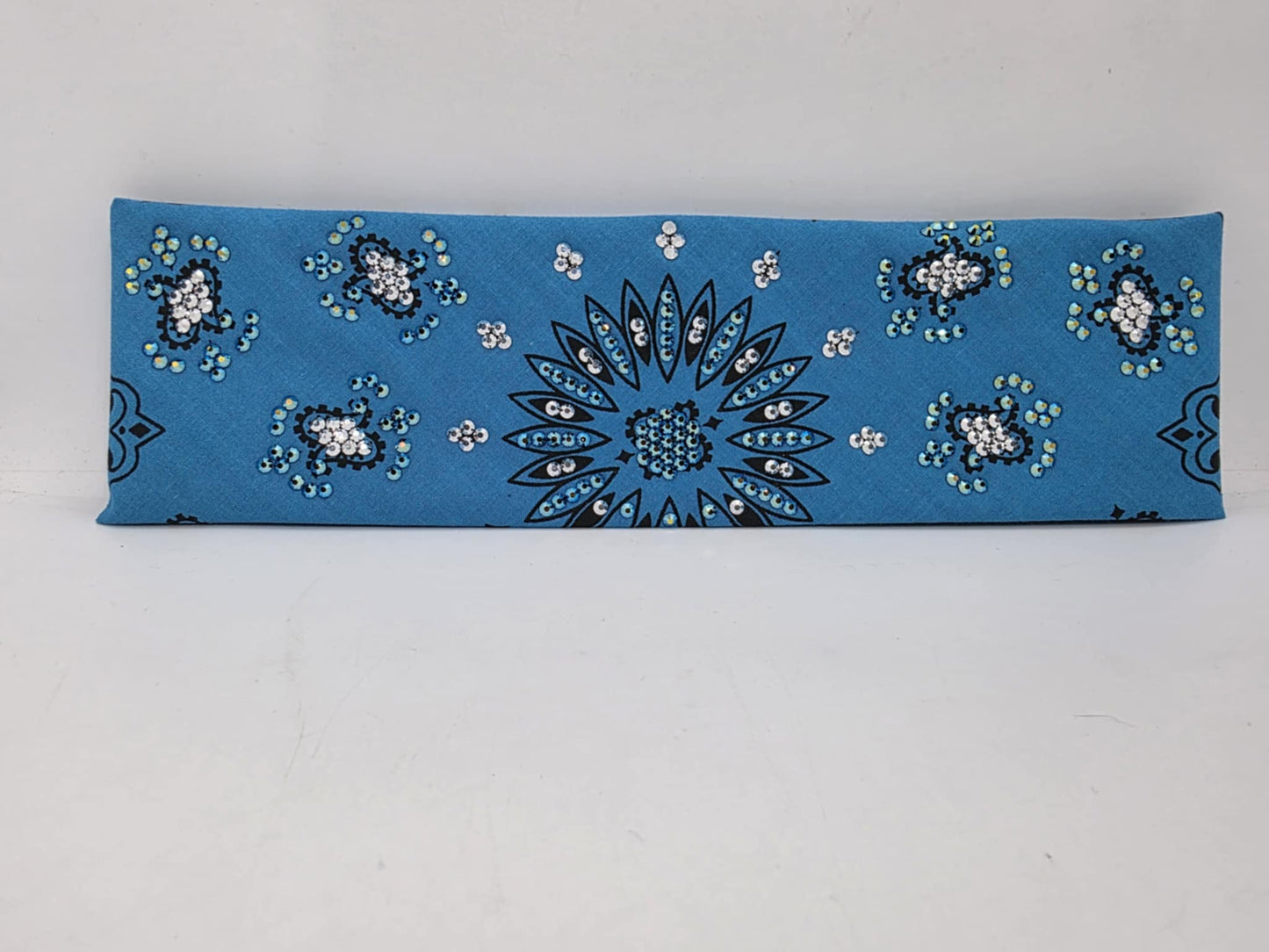 LeeAnnette Bright Blue Paisley Bandana with Jet Shimmer and Chrome Austrian Crystals (sku40056)