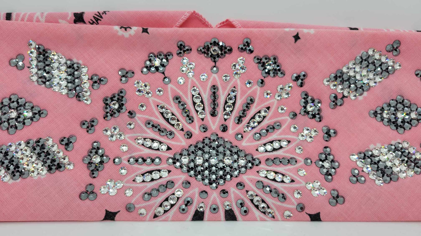 Super LeeAnnette Light Pink Paisley Bandana with Black and Diamond Clear Austrian Crystals (Sku4041)