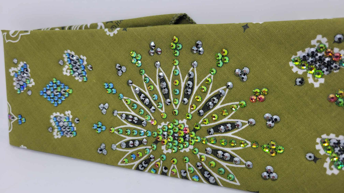 LeeAnnette Olive Green Paisley Bandana with Black and Vitrail Austrian Crystals (Sku4042)