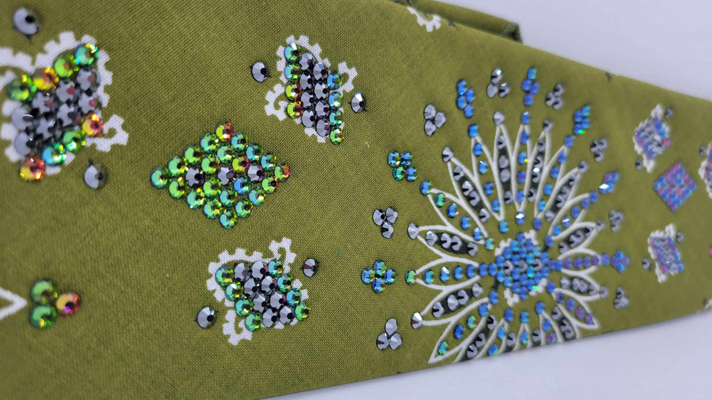 LeeAnnette Olive Green Paisley Bandana with Black and Vitrail Austrian Crystals (Sku4042)