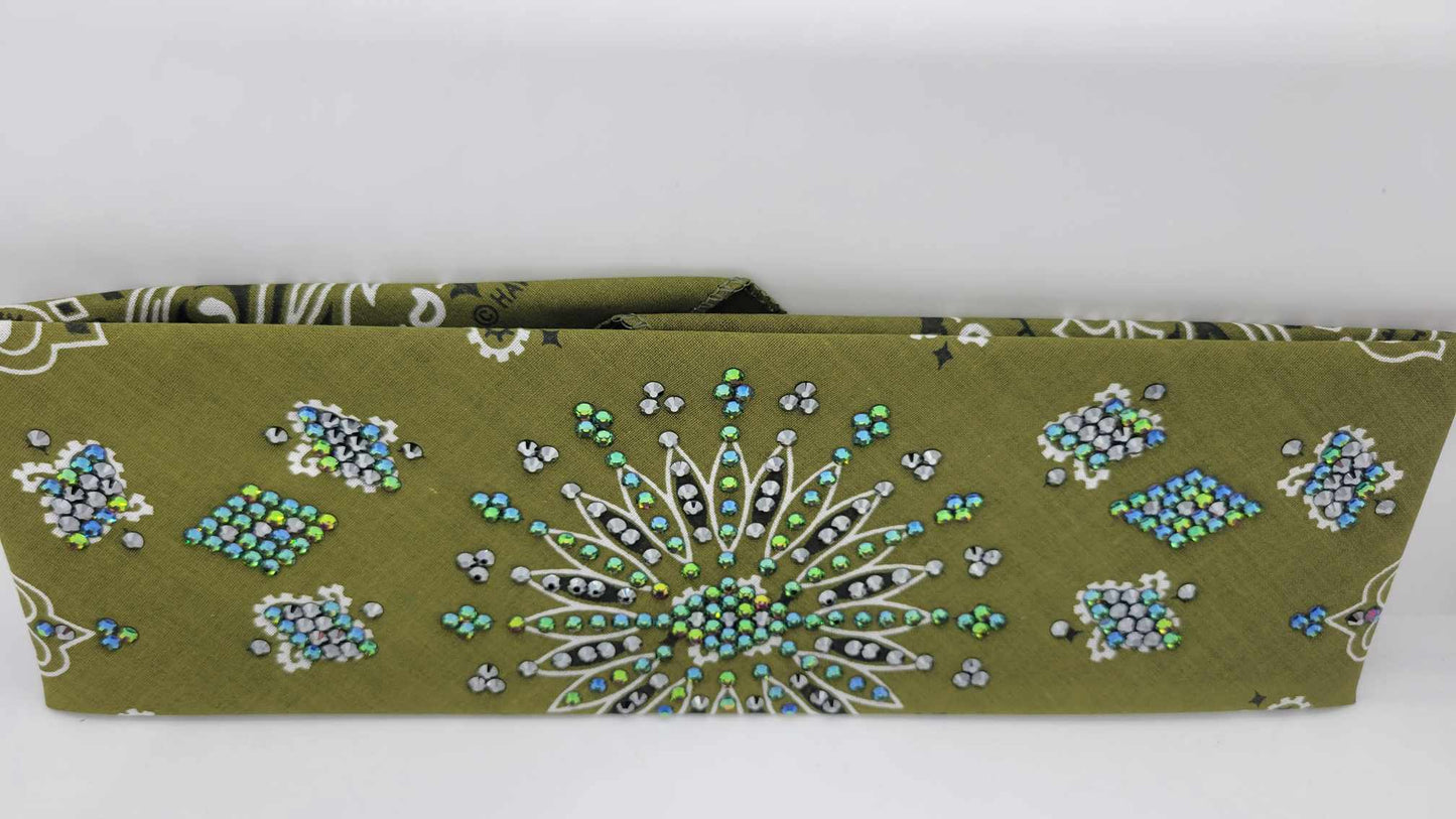 LeeAnnette Olive Green Paisley Bandana with Black and Vitrail Austrian Crystals (Sku4042)