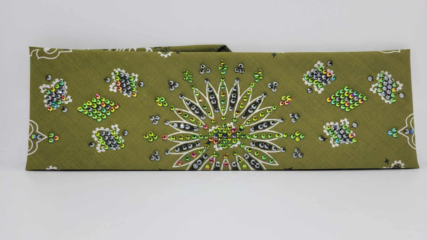 LeeAnnette Olive Green Paisley Bandana with Black and Vitrail Austrian Crystals (Sku4042)