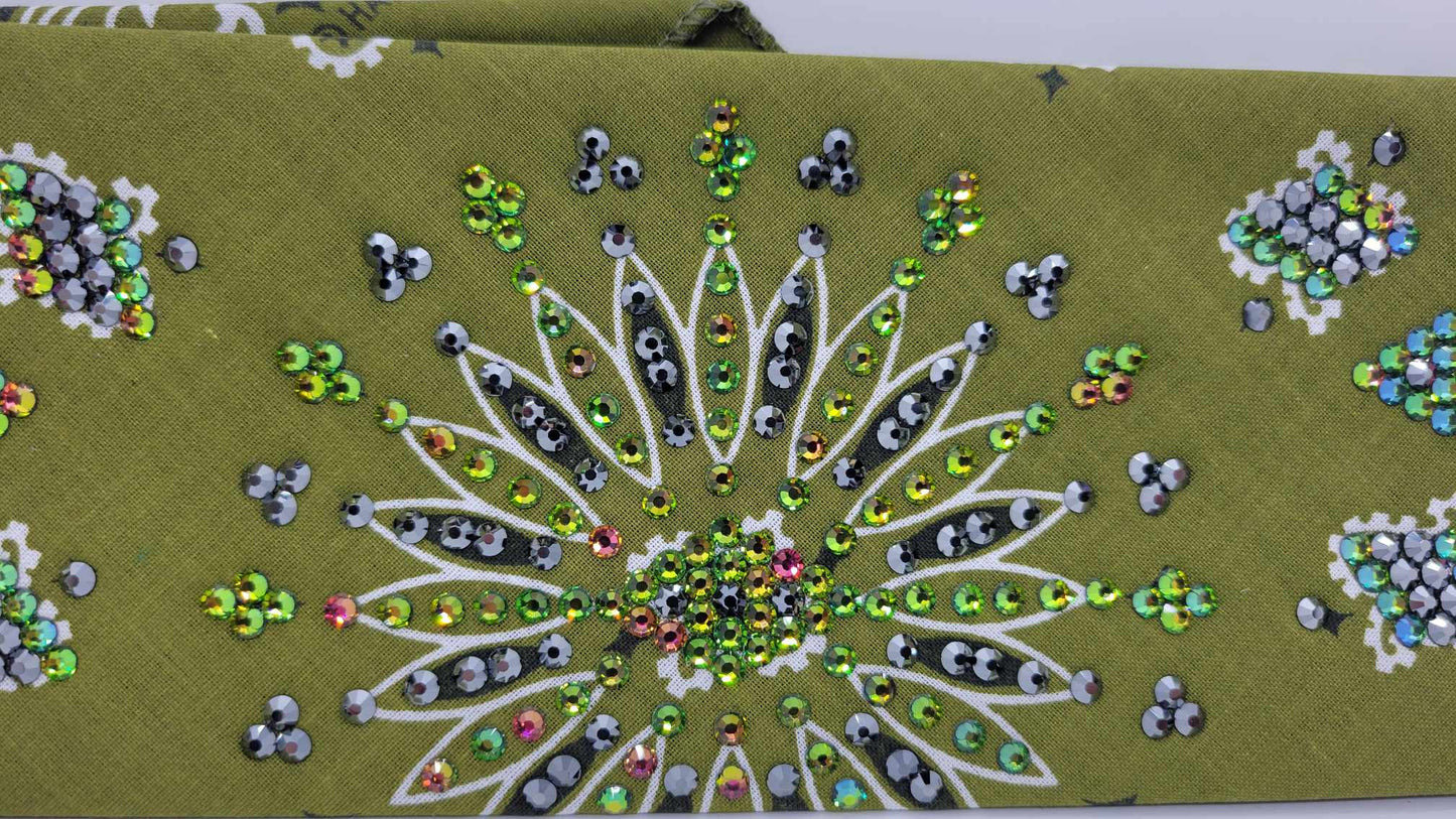 LeeAnnette Olive Green Paisley Bandana with Black and Vitrail Austrian Crystals (Sku4042)