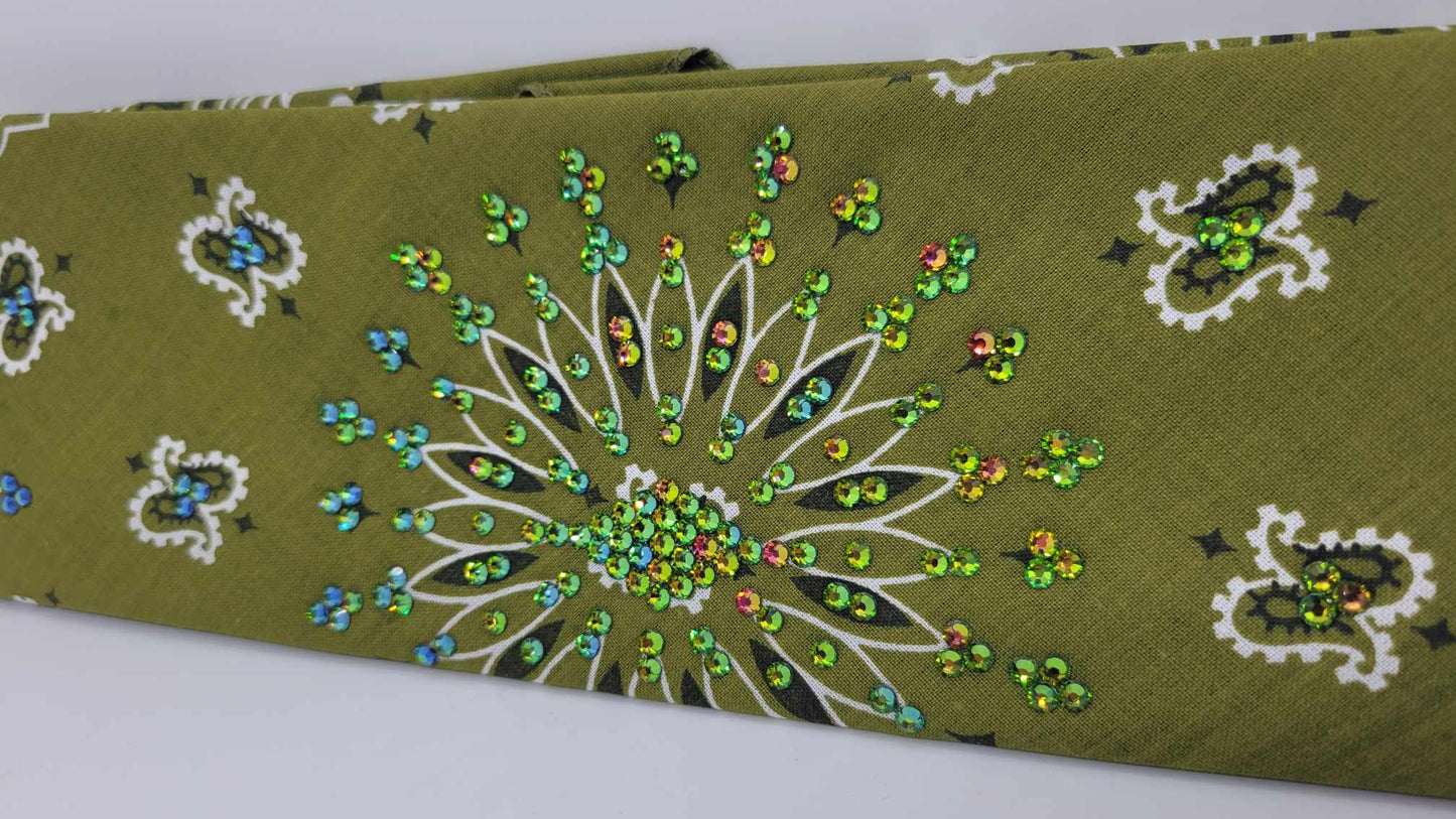EXTRA BLING - Olive Green Paisley with Black and Vitrail Austrian Crystals (Sku4044)