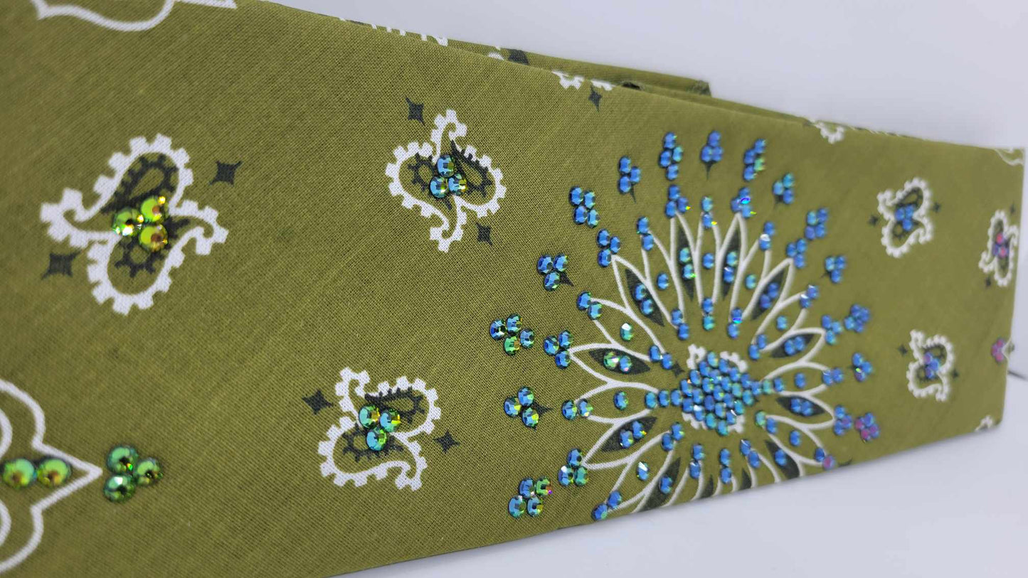 EXTRA BLING - Olive Green Paisley with Black and Vitrail Austrian Crystals (Sku4044)