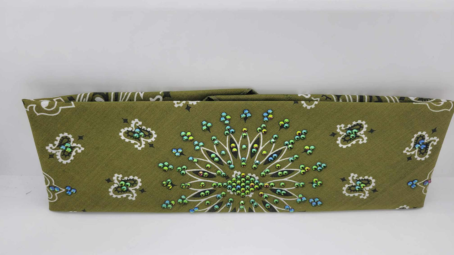 EXTRA BLING - Olive Green Paisley with Black and Vitrail Austrian Crystals (Sku4044)