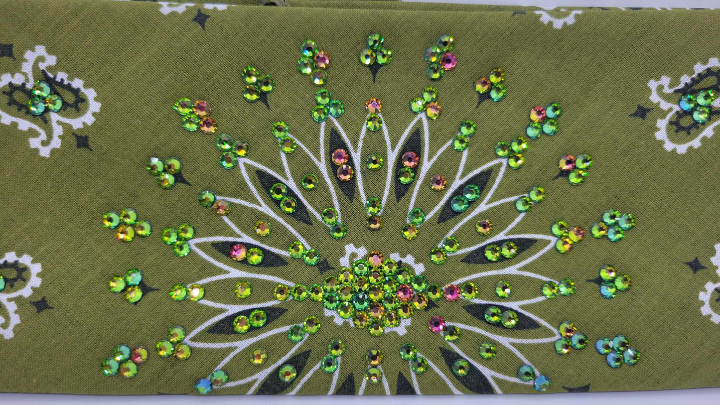 EXTRA BLING - Olive Green Paisley with Black and Vitrail Austrian Crystals (Sku4044)
