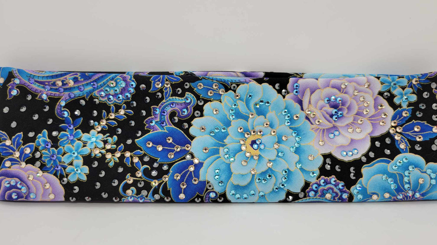 LeeAnnette Blue and Purple Flowers on Black with Black, Gold, Blue, purple and Blue Shimmer Austrian Crystals (Sku4045)