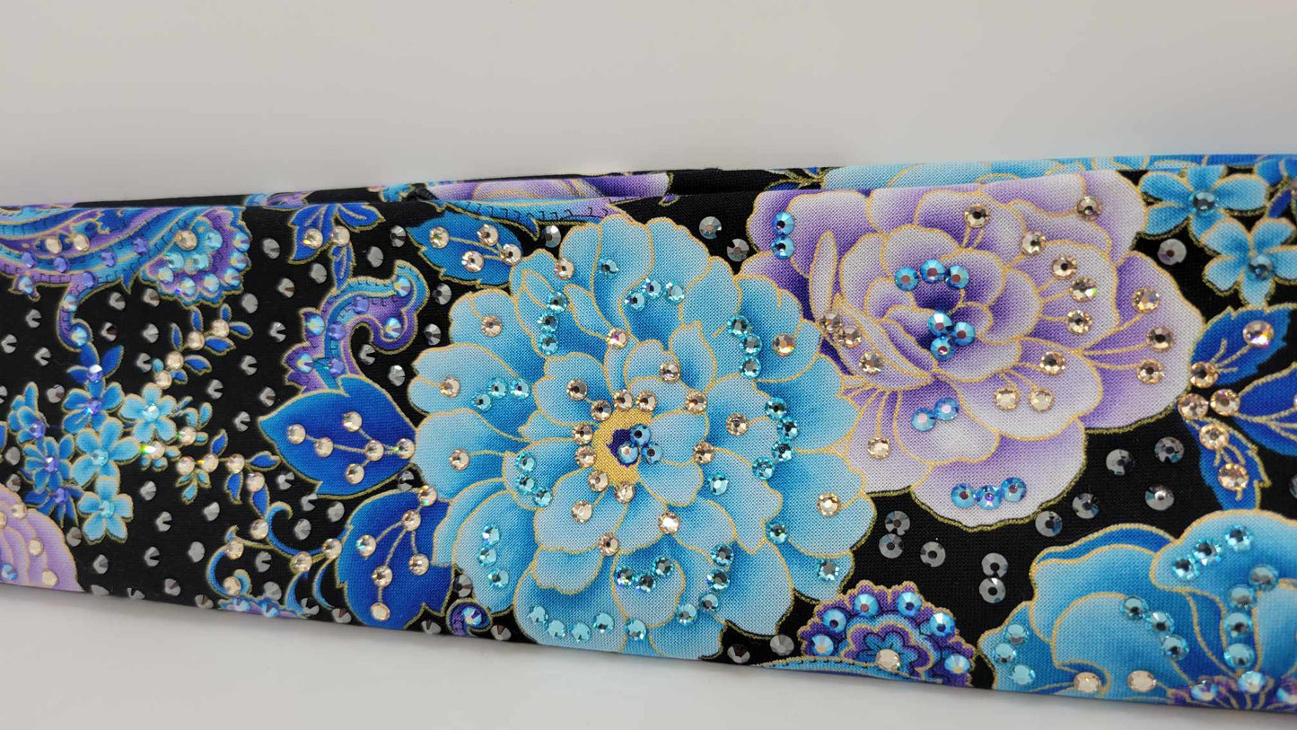 LeeAnnette Blue and Purple Flowers on Black with Black, Gold, Blue, purple and Blue Shimmer Austrian Crystals (Sku4045)