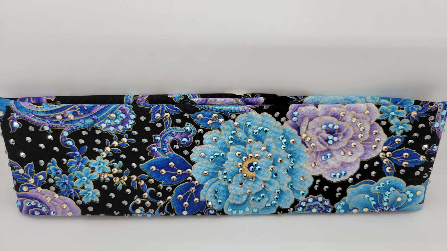 LeeAnnette Blue and Purple Flowers on Black with Black, Gold, Blue, purple and Blue Shimmer Austrian Crystals (Sku4045)