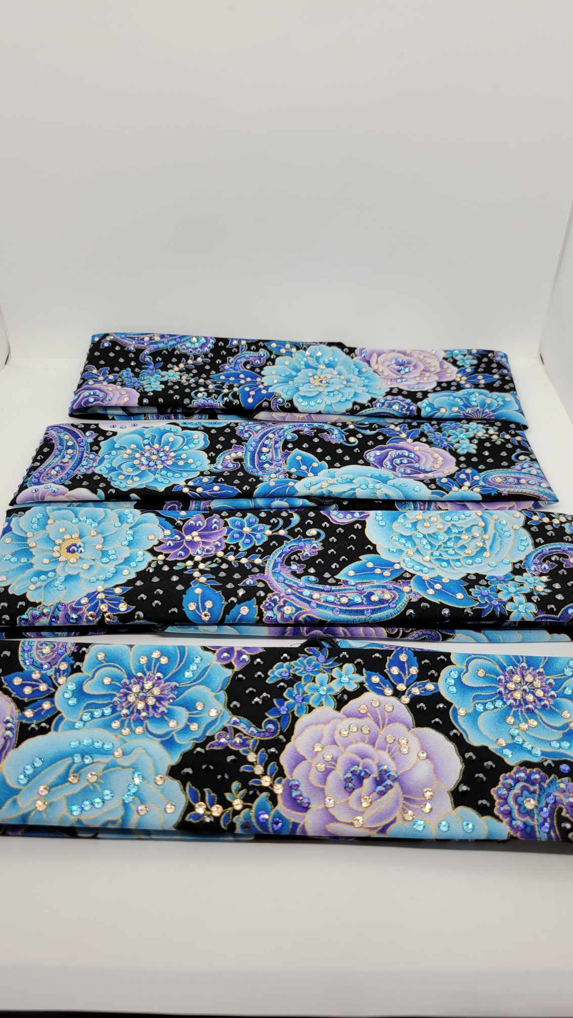 LeeAnnette Blue and Purple Flowers on Black Bandana with Black, Gold, Blue, purple and Blue Shimmer Austrian Crystals (Sku4045)