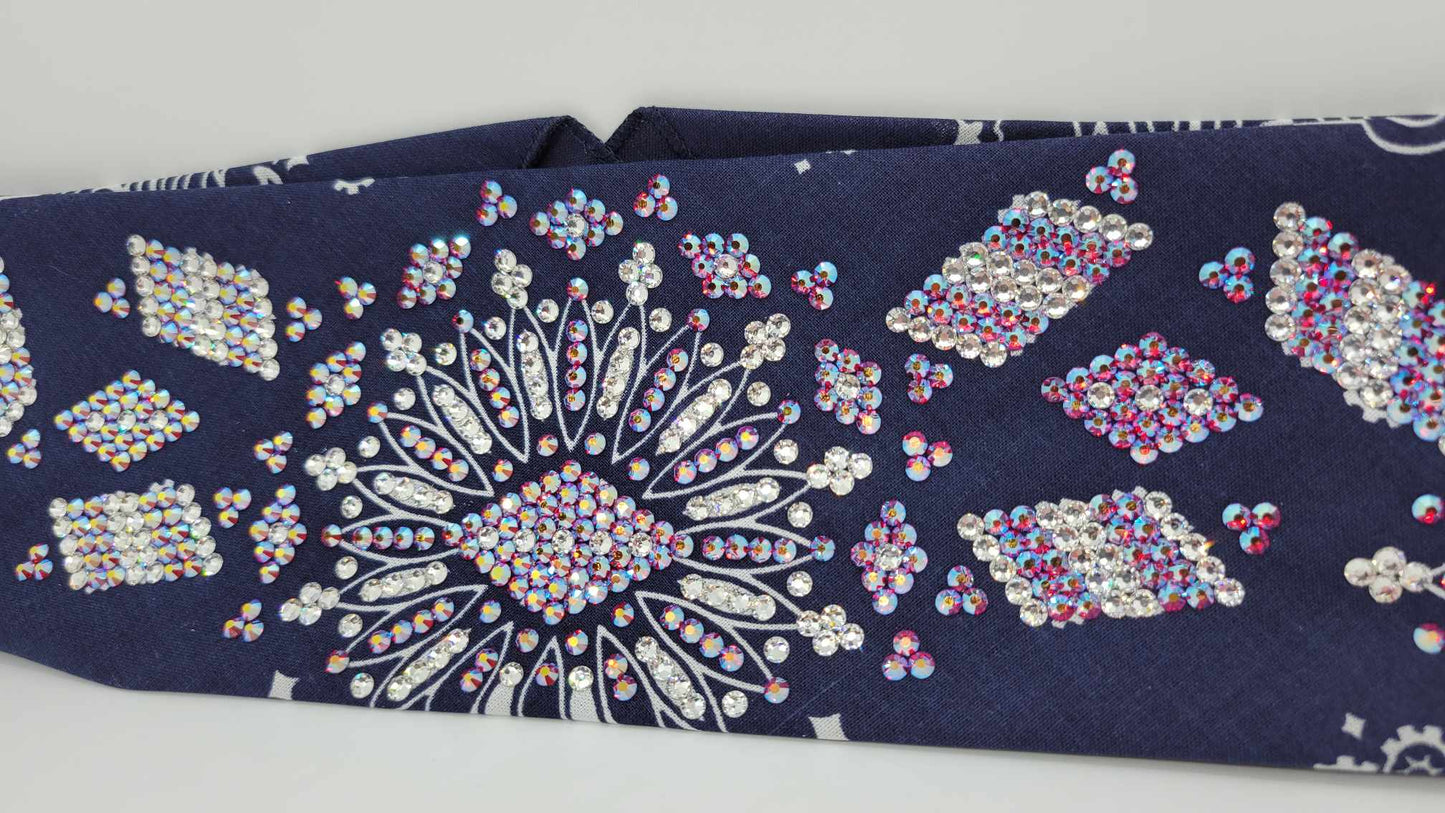 Super LeeAnnette Navy Blue Paisley Bandana with Siam Shimmer and Diamond Clear Austrian Crystals (Sku4047)