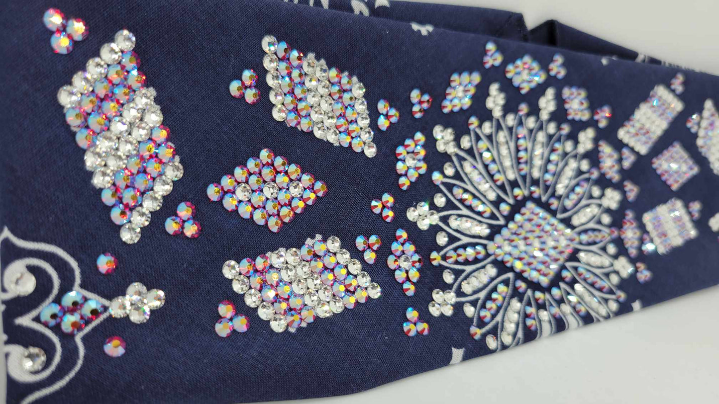 Super LeeAnnette Navy Blue Paisley Bandana with Siam Shimmer and Diamond Clear Austrian Crystals (Sku4047)