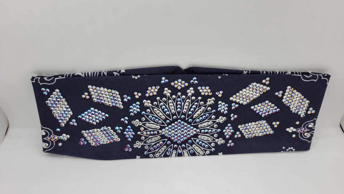 Super LeeAnnette Navy Blue Paisley Bandana with Siam Shimmer and Diamond Clear Austrian Crystals (Sku4047)