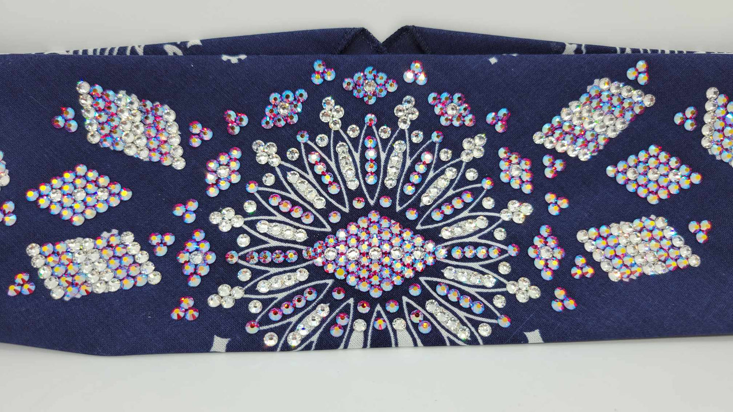 Super LeeAnnette Navy Blue Paisley Bandana with Siam Shimmer and Diamond Clear Austrian Crystals (Sku4047)
