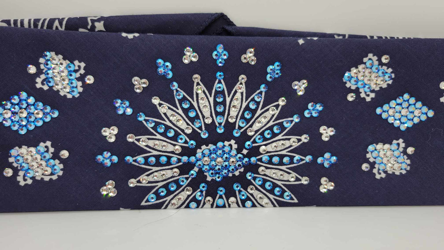 LeeAnnette Navy Blue Paisley Bandana with Blue Shimmer and Diamond Clear Austrian Crystals (Sku4048)