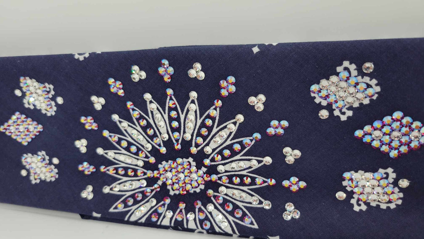LeeAnnette Navy Blue Paisley Bandana with Red Shimmer and Diamond Clear Austrian Crystals (Sku4049)