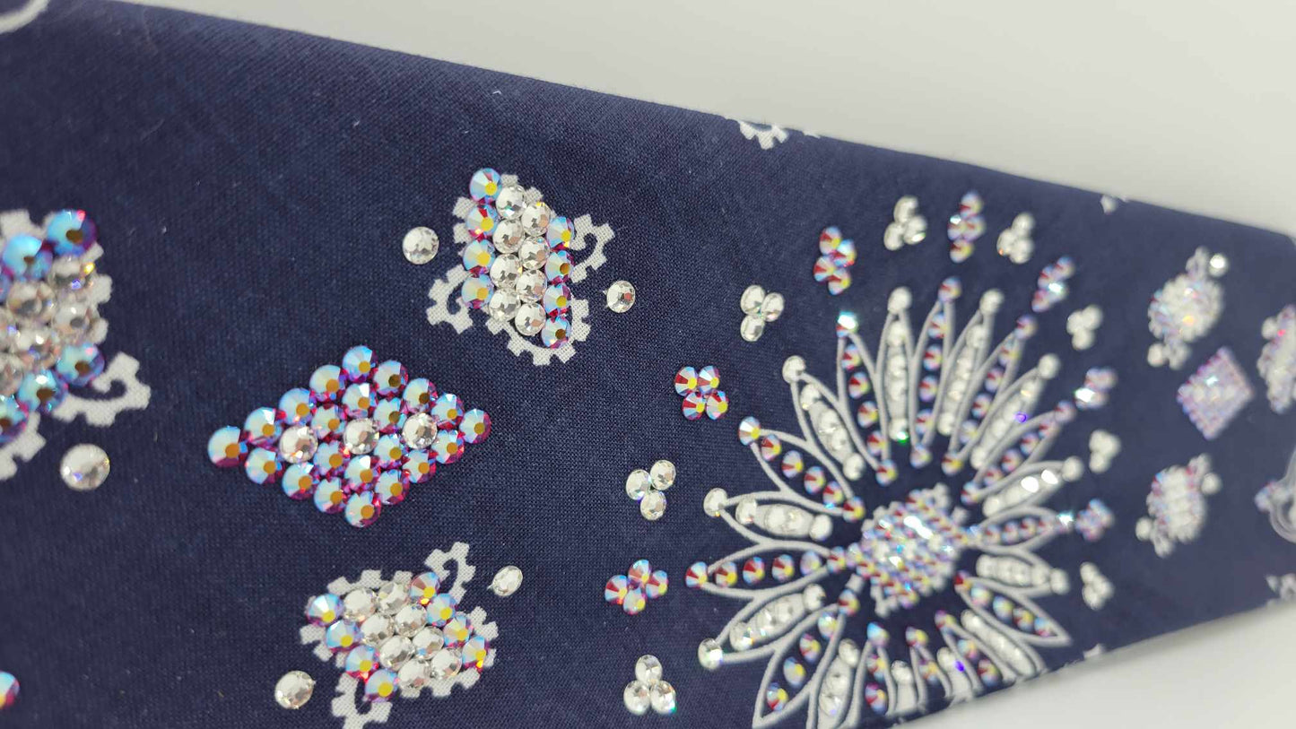 LeeAnnette Navy Blue Paisley Bandana with Red Shimmer and Diamond Clear Austrian Crystals (Sku4049)