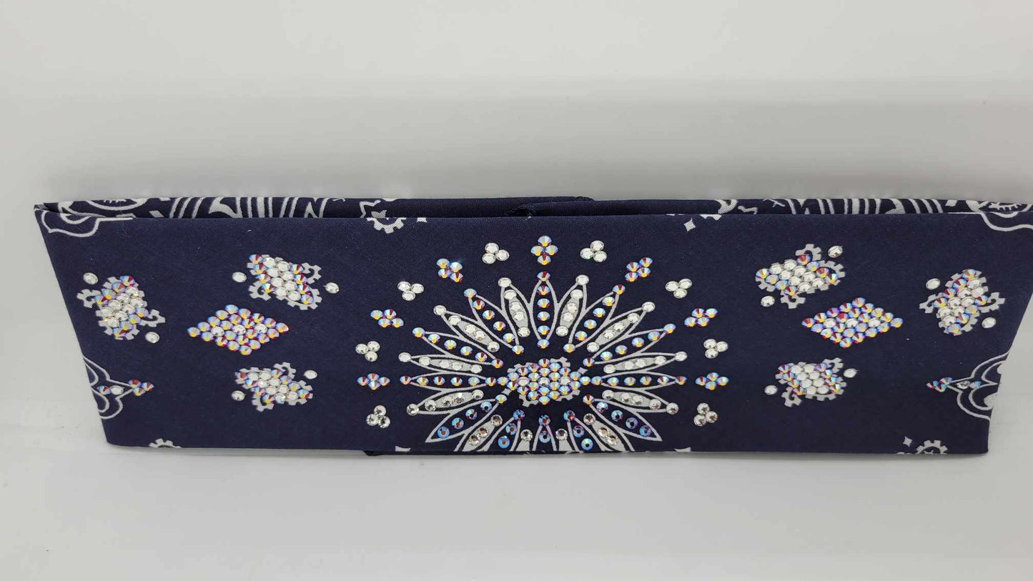 LeeAnnette Navy Blue Paisley Bandana with Red Shimmer and Diamond Clear Austrian Crystals (Sku4049)