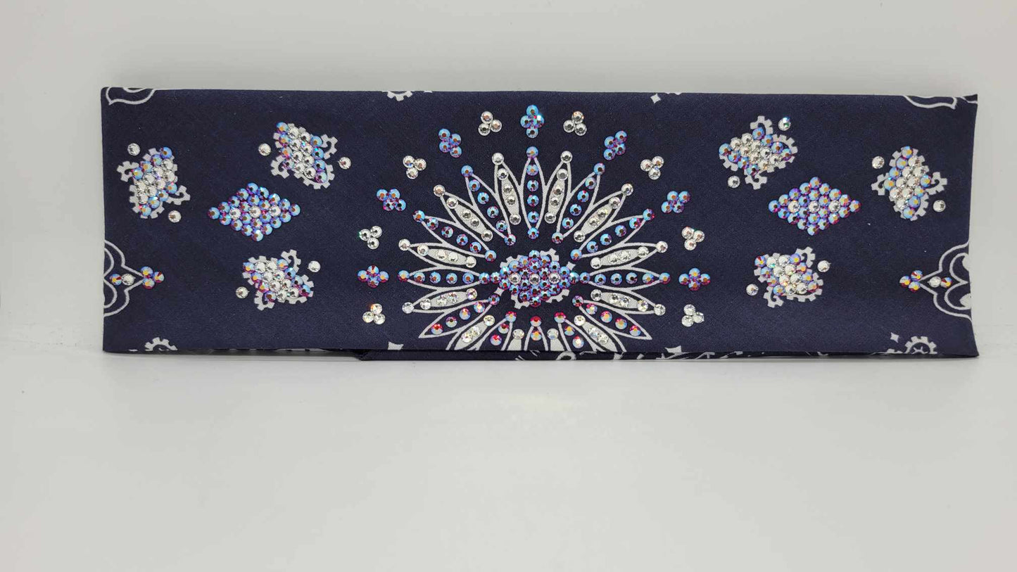LeeAnnette Navy Blue Paisley Bandana with Red Shimmer and Diamond Clear Austrian Crystals (Sku4049)