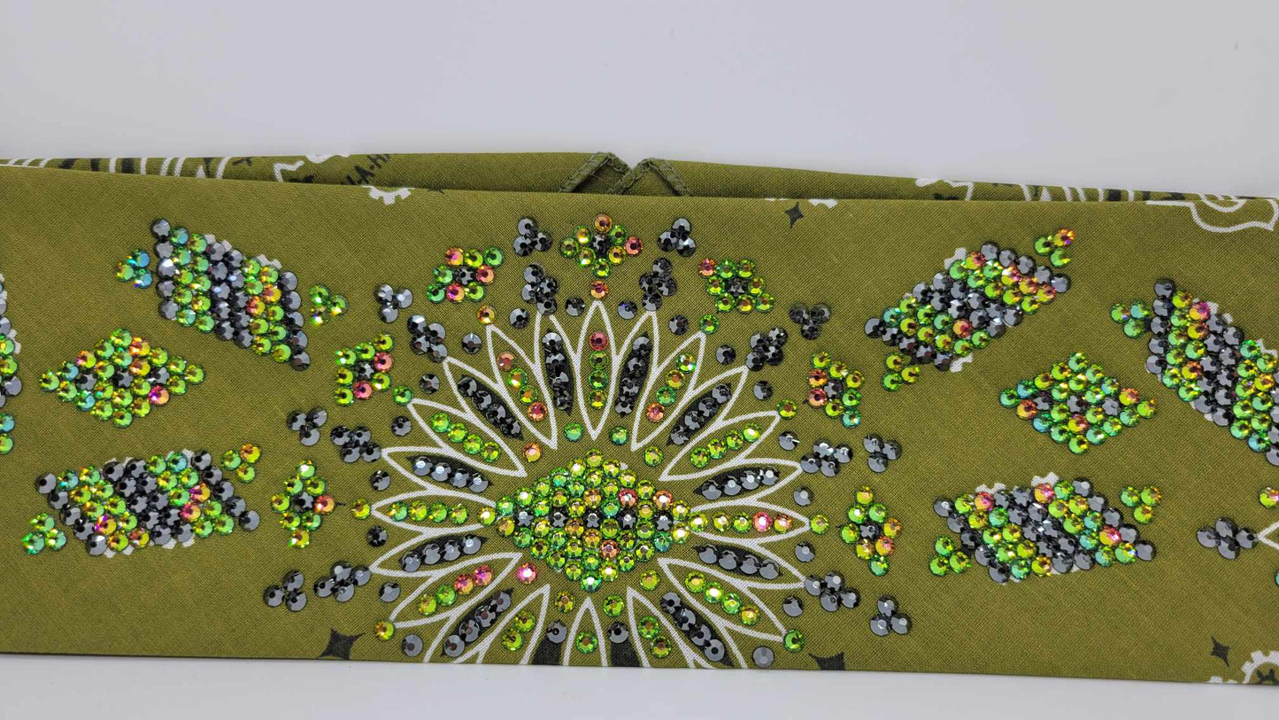 Super LeeAnnette Olive Green Paisley Bandana with Vitrail and Black Austrian Crystals (Sku4050)