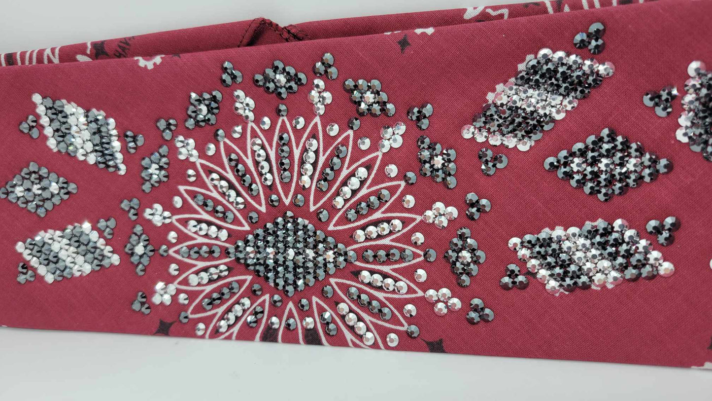 Super LeeAnnette Maroon Paisley Bandana with Black and Chrome Austrian Crystals (Sku4122)